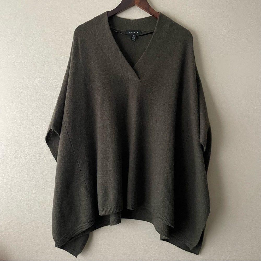 Halogen Dark Olive V-Neck Poncho 100% Cashmere Women's OS
